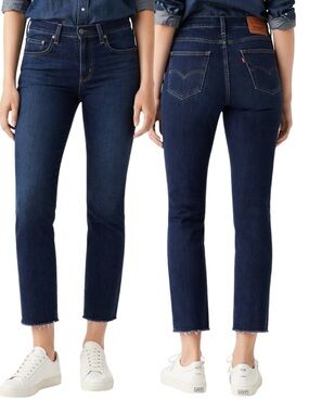 Levi’s 724 High Rise Slim Straight Jeans Carbon Glow W29 L32 Blue Raw Hem Crop